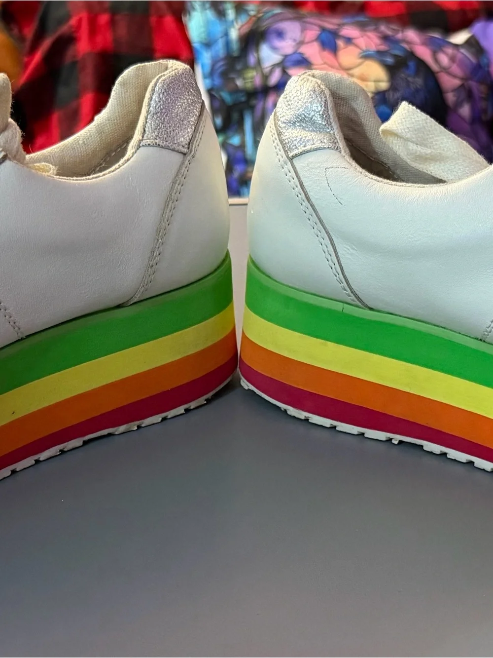 White Leather Platform Sneakers with Green & Orange Stripe Sole